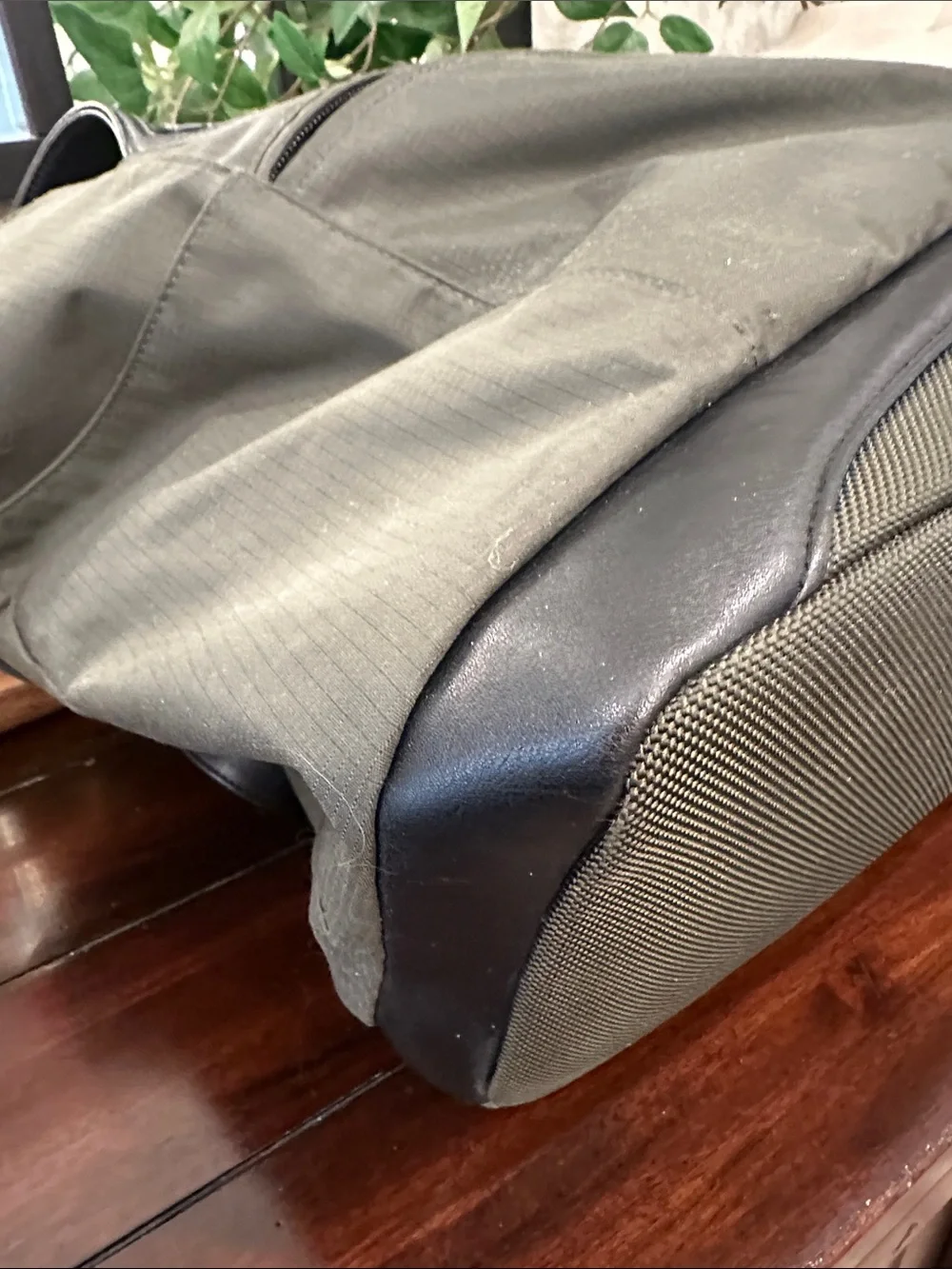 Tumi Olive Green Nylon Tote with Black Leather